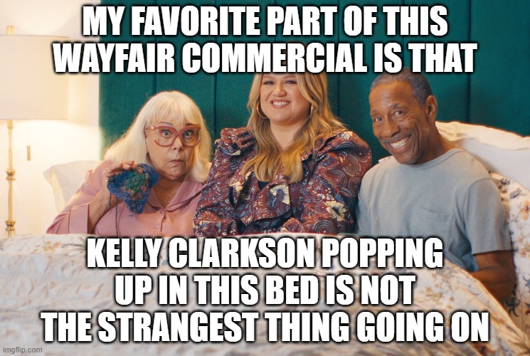 Wayfair Kelly Clarkson commercial with old couple in bed | MY FAVORITE PART OF THIS WAYFAIR COMMERCIAL IS THAT; KELLY CLARKSON POPPING UP IN THIS BED IS NOT THE STRANGEST THING GOING ON | image tagged in wayfair kelly clarkson commercial with old couple in bed | made w/ Imgflip meme maker