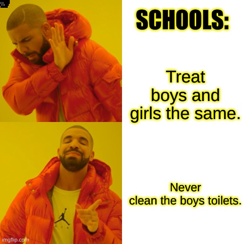Drake Hotline Bling | SCHOOLS:; Treat boys and girls the same. Never clean the boys toilets. | image tagged in memes,drake hotline bling | made w/ Imgflip meme maker