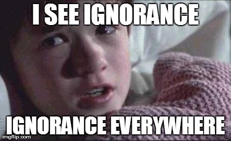 I See Dead People Meme | I SEE IGNORANCE IGNORANCE EVERYWHERE | image tagged in memes,i see dead people | made w/ Imgflip meme maker