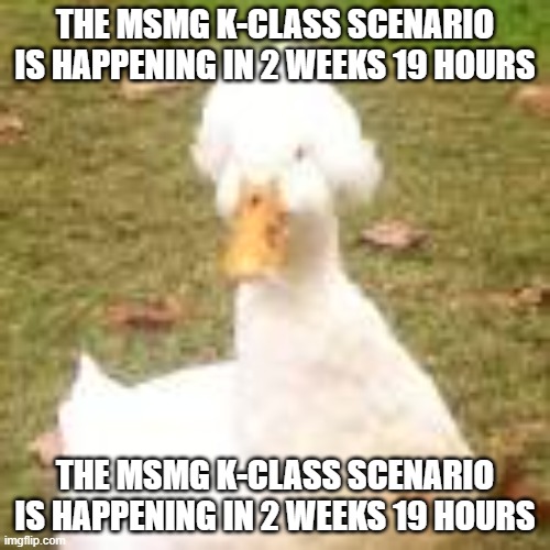 The royal duck | THE MSMG K-CLASS SCENARIO IS HAPPENING IN 2 WEEKS 19 HOURS; THE MSMG K-CLASS SCENARIO IS HAPPENING IN 2 WEEKS 19 HOURS | image tagged in the royal duck | made w/ Imgflip meme maker