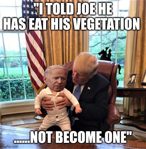 A balanced diet | "I TOLD JOE HE HAS EAT HIS VEGETATION; ......NOT BECOME ONE" | image tagged in trump and baby biden | made w/ Imgflip meme maker