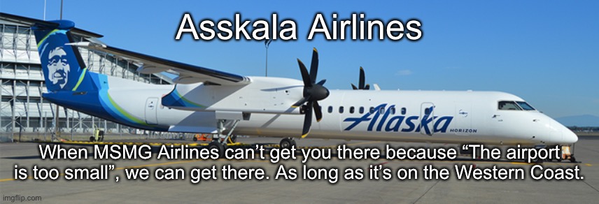 Asskala Airlines; When MSMG Airlines can’t get you there because “The airport is too small”, we can get there. As long as it’s on the Western Coast. | made w/ Imgflip meme maker