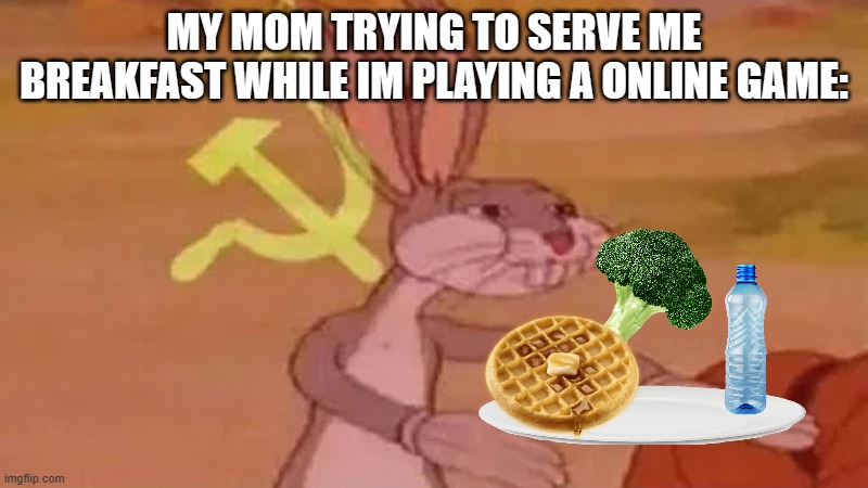 Soviet bugs bunny | MY MOM TRYING TO SERVE ME BREAKFAST WHILE IM PLAYING A ONLINE GAME: | image tagged in soviet bugs bunny | made w/ Imgflip meme maker