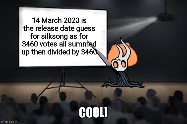 Vessel facts | 14 March 2023 is the release date guess for silksong as for 3460 votes all summed up then divided by 3460; COOL! | image tagged in vessel presentation,memes,hollow knight | made w/ Imgflip meme maker