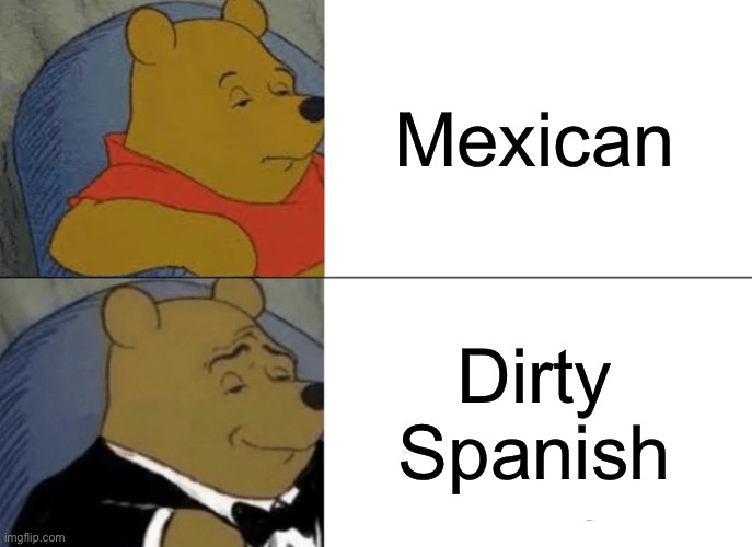 Kinda true | Mexican; Dirty Spanish | image tagged in memes,tuxedo winnie the pooh | made w/ Imgflip meme maker