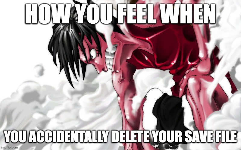 This happened to me twice recently | HOW YOU FEEL WHEN; YOU ACCIDENTALLY DELETE YOUR SAVE FILE | image tagged in luffy enraged,relatable,oof,anger,pain,video games | made w/ Imgflip meme maker