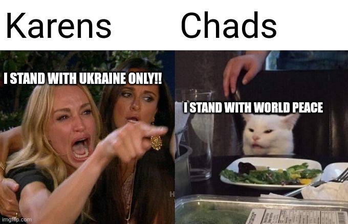 World peace is what matters. Go ahead, tell me I'm wrong. | Karens; Chads; I STAND WITH UKRAINE ONLY!! I STAND WITH WORLD PEACE | image tagged in memes,woman yelling at cat | made w/ Imgflip meme maker