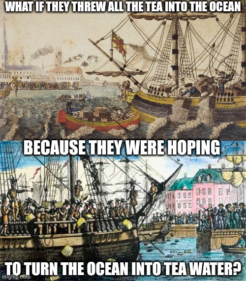 MAYBE THAT WAS THE REAL PLAN, AND SOMEONE TOOK IT THE WRONG WAY. | WHAT IF THEY THREW ALL THE TEA INTO THE OCEAN; BECAUSE THEY WERE HOPING; TO TURN THE OCEAN INTO TEA WATER? | image tagged in boston tea party,tea,1773,history,history memes | made w/ Imgflip meme maker