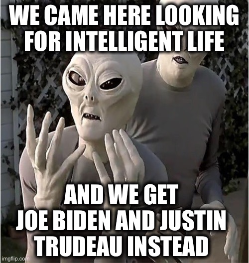 The aliens from the ufo that was shot down | WE CAME HERE LOOKING FOR INTELLIGENT LIFE; AND WE GET JOE BIDEN AND JUSTIN TRUDEAU INSTEAD | image tagged in joe biden,justin trudeau,aliens,united states,canada,memes | made w/ Imgflip meme maker