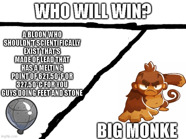 Big monke also known as pat fusty | WHO WILL WIN? A BLOON WHO SHOULDN'T SCIENTIFICALLY EXIST THAT'S MADE OF LEAD THAT HAS A MELTING POINT OF 621.50°F OR 327.50°C FOR YOU GUYS DOING FEET AND STONE; BIG MONKE | image tagged in btd6 | made w/ Imgflip meme maker
