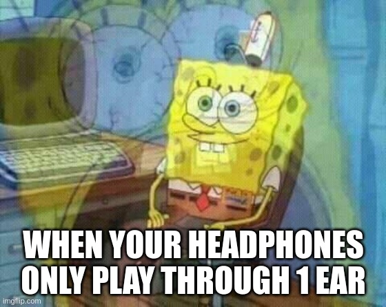 just happened to me | WHEN YOUR HEADPHONES ONLY PLAY THROUGH 1 EAR | image tagged in spongebob panic inside | made w/ Imgflip meme maker