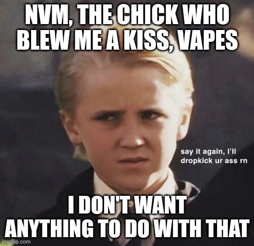Vaping is a disgusting habit | NVM, THE CHICK WHO BLEW ME A KISS, VAPES; I DON'T WANT ANYTHING TO DO WITH THAT | image tagged in say it again i'll dropkick ur ass rn | made w/ Imgflip meme maker