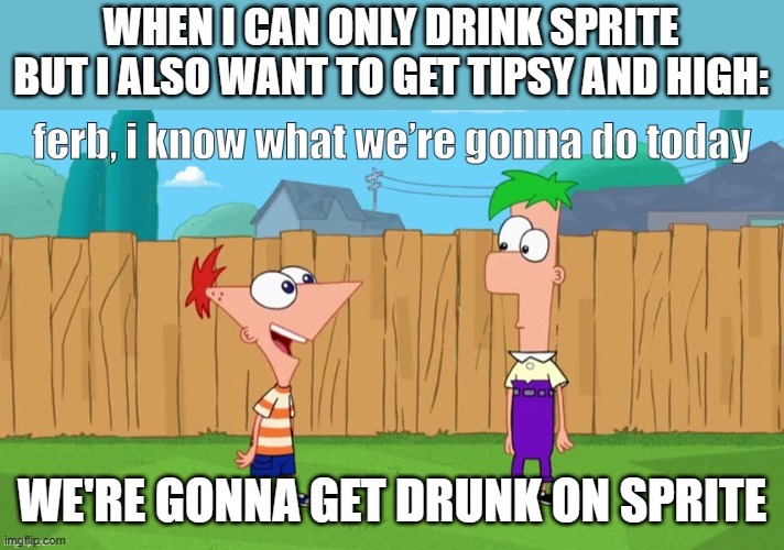 Ferb, i know what we’re gonna do today | WHEN I CAN ONLY DRINK SPRITE BUT I ALSO WANT TO GET TIPSY AND HIGH:; WE'RE GONNA GET DRUNK ON SPRITE | image tagged in ferb i know what we re gonna do today,fun,memes,sprite | made w/ Imgflip meme maker
