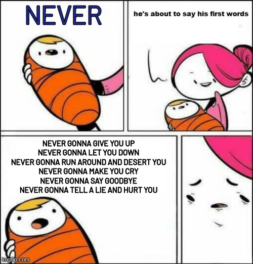 He is About to Say His First Words | NEVER; NEVER GONNA GIVE YOU UP
NEVER GONNA LET YOU DOWN
NEVER GONNA RUN AROUND AND DESERT YOU
NEVER GONNA MAKE YOU CRY
NEVER GONNA SAY GOODBYE
NEVER GONNA TELL A LIE AND HURT YOU | image tagged in memes,funny,rickroll | made w/ Imgflip meme maker