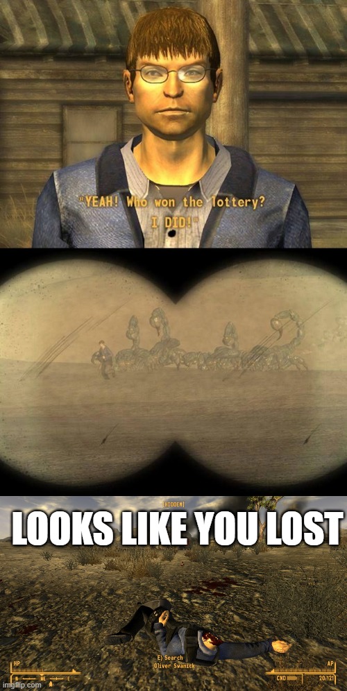 he didnt last long | LOOKS LIKE YOU LOST | image tagged in fallout,fallout new vegas,gaming | made w/ Imgflip meme maker