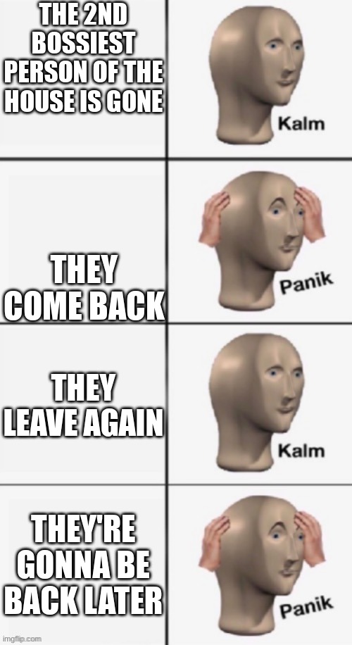 It's my life | THE 2ND BOSSIEST PERSON OF THE HOUSE IS GONE; THEY COME BACK; THEY LEAVE AGAIN; THEY'RE GONNA BE BACK LATER | image tagged in panik kalm panik 4 panels | made w/ Imgflip meme maker