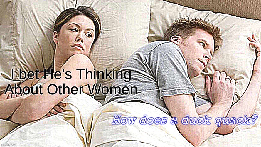 Idk | I bet He's Thinking About Other Women; How does a duck quack? | image tagged in memes,i bet he's thinking about other women | made w/ Imgflip meme maker