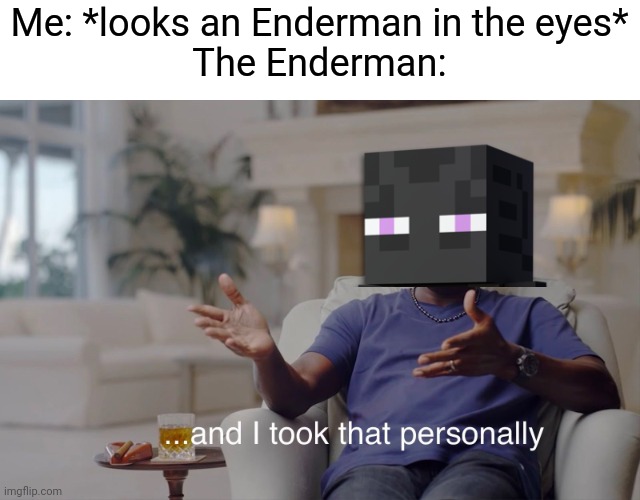 Enderman go brr | Me: *looks an Enderman in the eyes*
The Enderman: | image tagged in and i took that personally,enderman | made w/ Imgflip meme maker