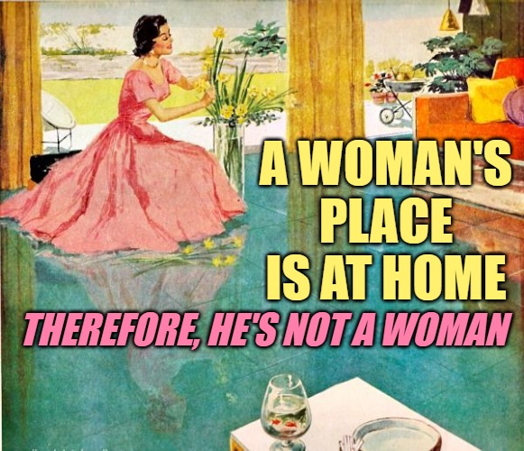 50s Housewife | A WOMAN'S PLACE IS AT HOME THEREFORE, HE'S NOT A WOMAN | image tagged in 50s housewife | made w/ Imgflip meme maker