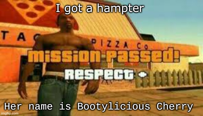 Mission passed | I got a hampter; Her name is Bootylicious Cherry | image tagged in mission passed | made w/ Imgflip meme maker