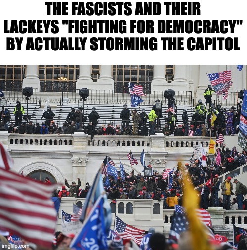 Insurrection Jan 6th 2021 | THE FASCISTS AND THEIR LACKEYS "FIGHTING FOR DEMOCRACY" BY ACTUALLY STORMING THE CAPITOL | image tagged in insurrection jan 6th 2021 | made w/ Imgflip meme maker