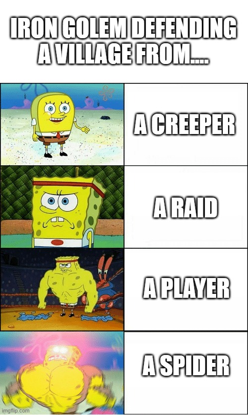 iron golem attack tier list | IRON GOLEM DEFENDING A VILLAGE FROM.... A CREEPER; A RAID; A PLAYER; A SPIDER | image tagged in sponge finna commit muder | made w/ Imgflip meme maker