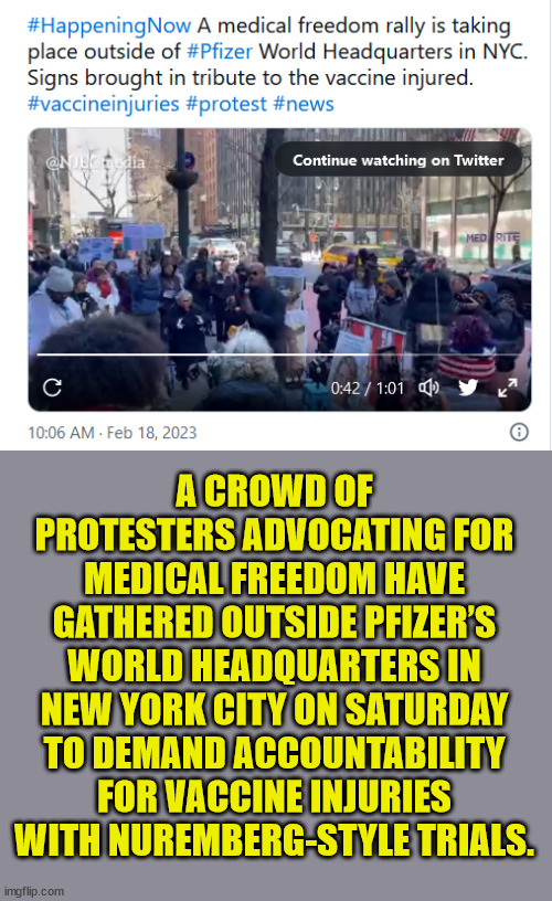 A CROWD OF PROTESTERS ADVOCATING FOR MEDICAL FREEDOM HAVE GATHERED OUTSIDE PFIZER’S WORLD HEADQUARTERS IN NEW YORK CITY ON SATURDAY TO DEMAN | made w/ Imgflip meme maker