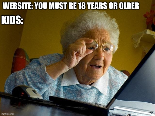 Kid's ammiright? | WEBSITE: YOU MUST BE 18 YEARS OR OLDER; KIDS: | image tagged in memes,grandma finds the internet | made w/ Imgflip meme maker