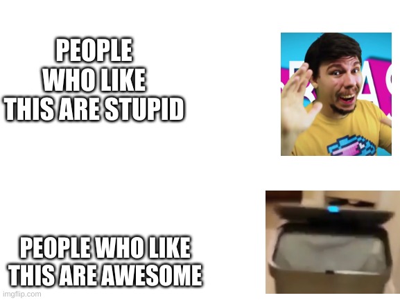 Just to clarify, this is solely my opinion and I'm totally okay if you don't know what the trash can means. | PEOPLE WHO LIKE THIS ARE STUPID; PEOPLE WHO LIKE THIS ARE AWESOME | image tagged in mrbeast,people who don't know / people who know meme,opinion,memes | made w/ Imgflip meme maker