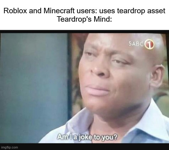 Teardrop's mind: | Roblox and Minecraft users: uses teardrop asset


Teardrop's Mind: | image tagged in am i a joke to you,bfdi,bfb | made w/ Imgflip meme maker