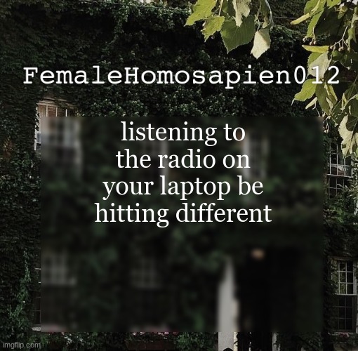 FemaleHomosapien012 | listening to the radio on your laptop be hitting different | image tagged in femalehomosapien012 | made w/ Imgflip meme maker