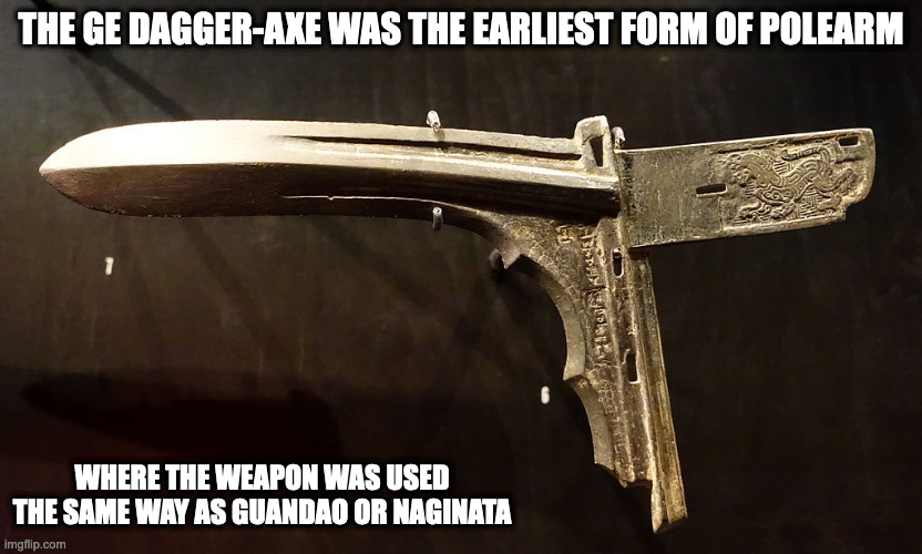 Dagger-Axe |  THE GE DAGGER-AXE WAS THE EARLIEST FORM OF POLEARM; WHERE THE WEAPON WAS USED THE SAME WAY AS GUANDAO OR NAGINATA | image tagged in weapons,memes | made w/ Imgflip meme maker