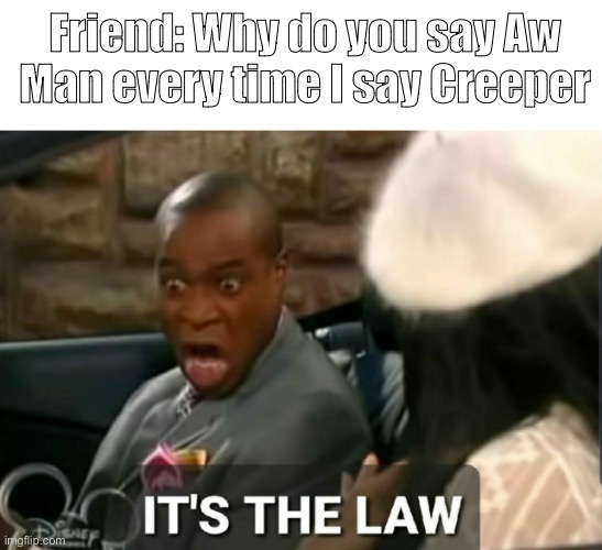 Creeper | Friend: Why do you say Aw Man every time I say Creeper | image tagged in blank white template,it's the law,creeper,aw man | made w/ Imgflip meme maker