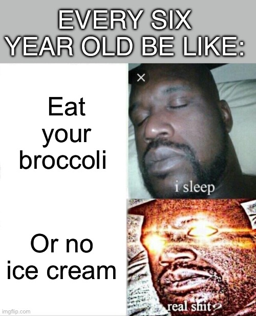 I know all of us were like this | EVERY SIX YEAR OLD BE LIKE:; Eat your broccoli; Or no ice cream | image tagged in memes,sleeping shaq,funny,relatable | made w/ Imgflip meme maker