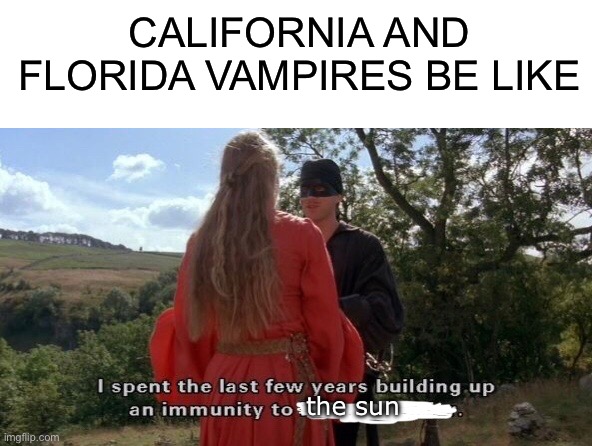 CALIFORNIA AND FLORIDA VAMPIRES BE LIKE; the sun | image tagged in blank white template,the princess bride,princess bride,vampires,vampire | made w/ Imgflip meme maker