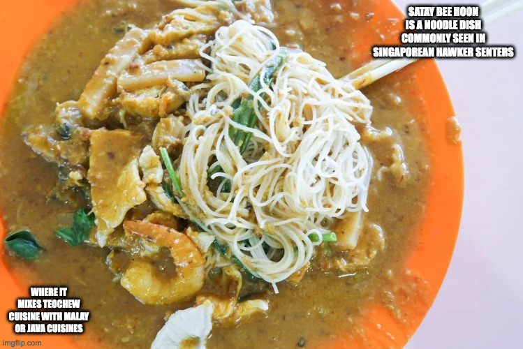 Satay Bee Hoon | SATAY BEE HOON IS A NOODLE DISH COMMONLY SEEN IN SINGAPOREAN HAWKER SENTERS; WHERE IT MIXES TEOCHEW CUISINE WITH MALAY OR JAVA CUISINES | image tagged in food,memes | made w/ Imgflip meme maker