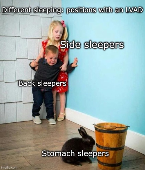 Children scared of rabbit | Different sleeping: positions with an LVAD; Side sleepers; Back sleepers; Stomach sleepers | image tagged in children scared of rabbit | made w/ Imgflip meme maker