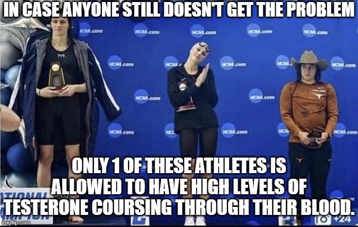 Lia Thomas | IN CASE ANYONE STILL DOESN'T GET THE PROBLEM; ONLY 1 OF THESE ATHLETES IS ALLOWED TO HAVE HIGH LEVELS OF TESTERONE COURSING THROUGH THEIR BLOOD. | image tagged in lia thomas | made w/ Imgflip meme maker