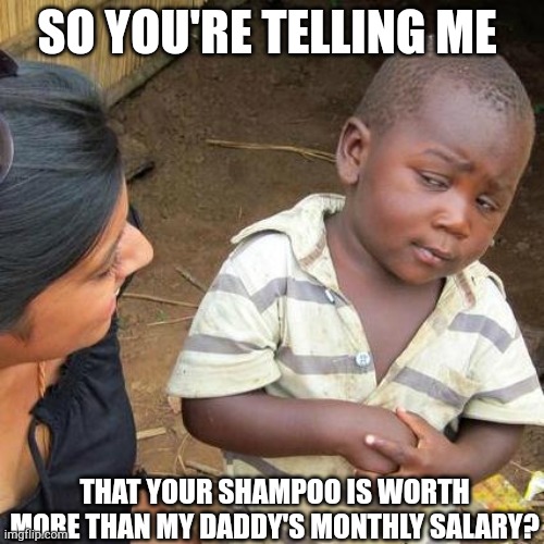 Third World Skeptical Kid | SO YOU'RE TELLING ME; THAT YOUR SHAMPOO IS WORTH MORE THAN MY DADDY'S MONTHLY SALARY? | image tagged in memes,third world skeptical kid | made w/ Imgflip meme maker