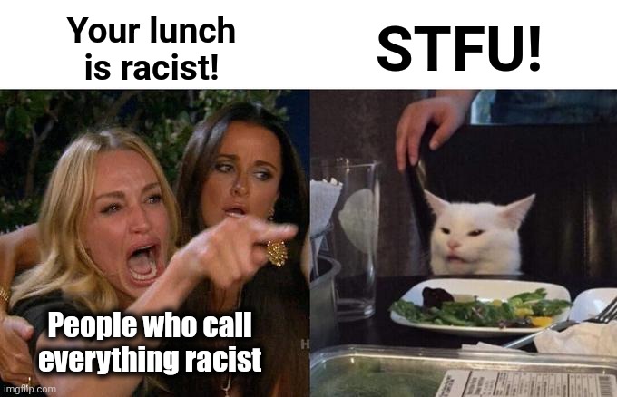 Woman Yelling At Cat Meme | Your lunch
is racist! STFU! People who call everything racist | image tagged in memes,woman yelling at cat | made w/ Imgflip meme maker