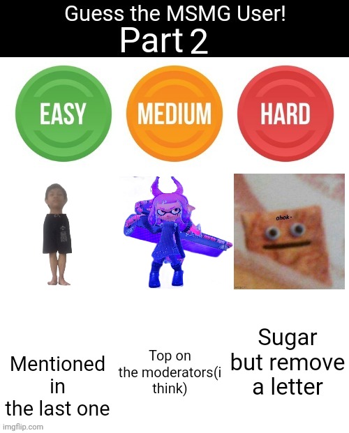 Guess The MSMG User | 2; Sugar but remove a letter; Mentioned in the last one; Top on the moderators(i think) | image tagged in guess the msmg user | made w/ Imgflip meme maker