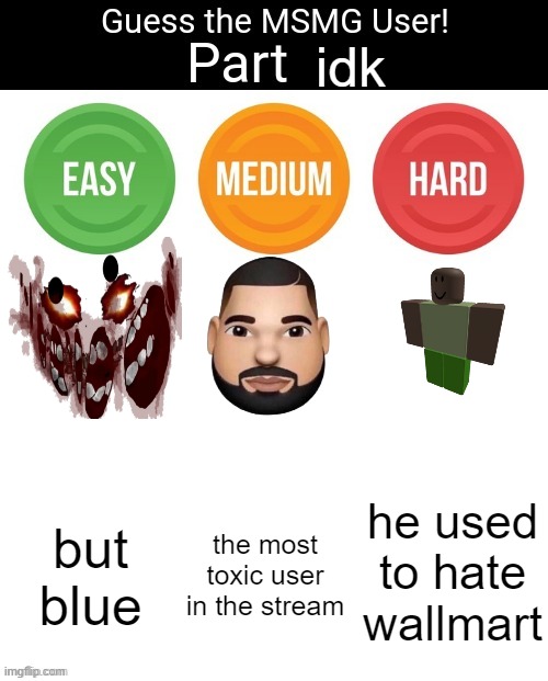 Guess The MSMG User | idk; he used to hate wallmart; but blue; the most toxic user in the stream | image tagged in guess the msmg user | made w/ Imgflip meme maker