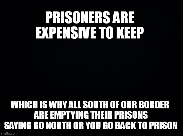 Black background | PRISONERS ARE EXPENSIVE TO KEEP; WHICH IS WHY ALL SOUTH OF OUR BORDER 
ARE EMPTYING THEIR PRISONS SAYING GO NORTH OR YOU GO BACK TO PRISON | image tagged in black background | made w/ Imgflip meme maker