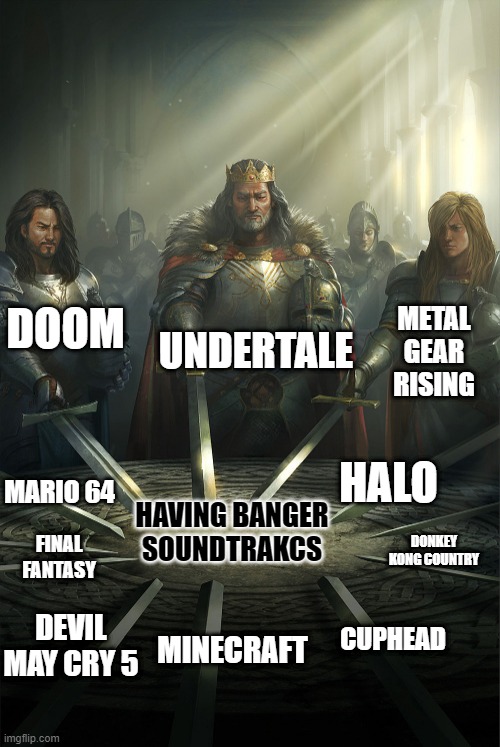Gaming soundtracks are amazing | DOOM; UNDERTALE; METAL GEAR RISING; MARIO 64; HALO; HAVING BANGER SOUNDTRAKCS; DONKEY KONG COUNTRY; FINAL FANTASY; CUPHEAD; MINECRAFT; DEVIL MAY CRY 5 | image tagged in swords united,gaming,music,soudtracks,revengance status | made w/ Imgflip meme maker