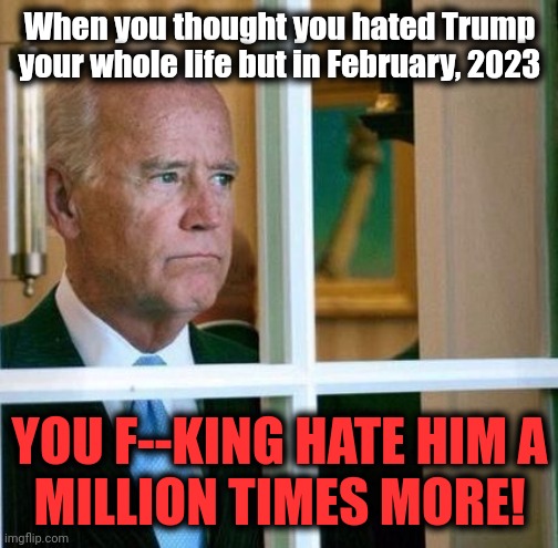 Sad Joe Biden | When you thought you hated Trump your whole life but in February, 2023 YOU F--KING HATE HIM A
MILLION TIMES MORE! | image tagged in sad joe biden | made w/ Imgflip meme maker