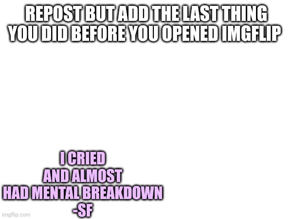 I cried for 20 minutes straight. | REPOST BUT ADD THE LAST THING YOU DID BEFORE YOU OPENED IMGFLIP; I CRIED AND ALMOST HAD MENTAL BREAKDOWN
-SF | made w/ Imgflip meme maker