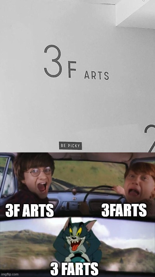 3 Farts | 3FARTS; 3F ARTS; 3 FARTS | image tagged in tom chasing harry and ron weasly,memes,you had one job,failure,design fails,stroke | made w/ Imgflip meme maker