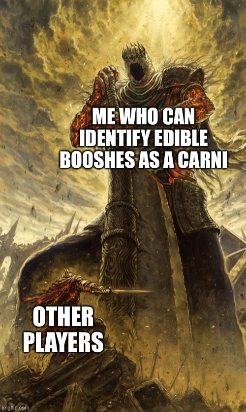 The Isle | ME WHO CAN IDENTIFY EDIBLE BOOSHES AS A CARNI; OTHER PLAYERS | image tagged in yhorm dark souls,the isle,dinosaurs,gaming | made w/ Imgflip meme maker