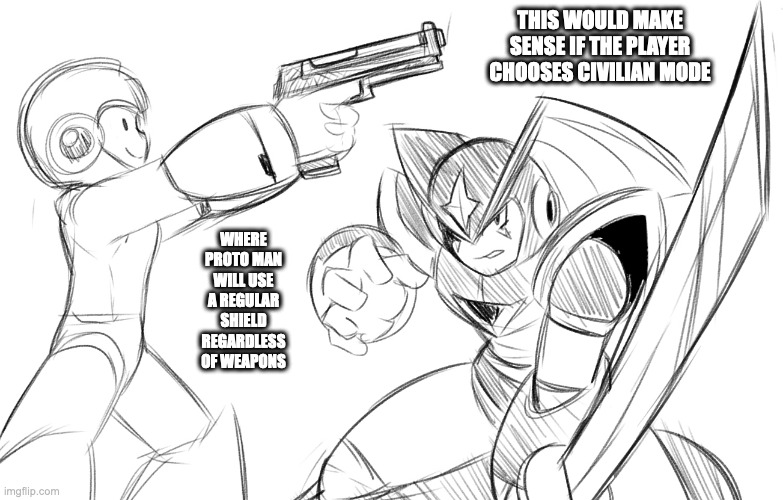 Mega Man and Bass WIth Human Weapons | THIS WOULD MAKE SENSE IF THE PLAYER CHOOSES CIVILIAN MODE; WHERE PROTO MAN WILL USE A REGULAR SHIELD REGARDLESS OF WEAPONS | image tagged in megaman,bass,memes | made w/ Imgflip meme maker