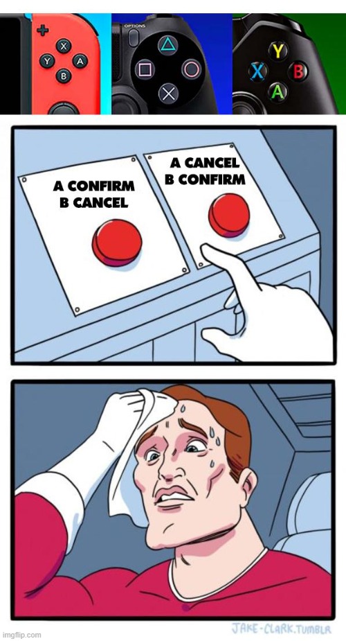 Cancel/Confirm | image tagged in gaming,repost,memes,funny,consoles,two buttons | made w/ Imgflip meme maker